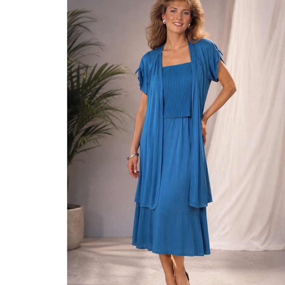 Vtg‎ 80's Teal Blue Pleated Dress and Duster Jacket Set Size S NWT